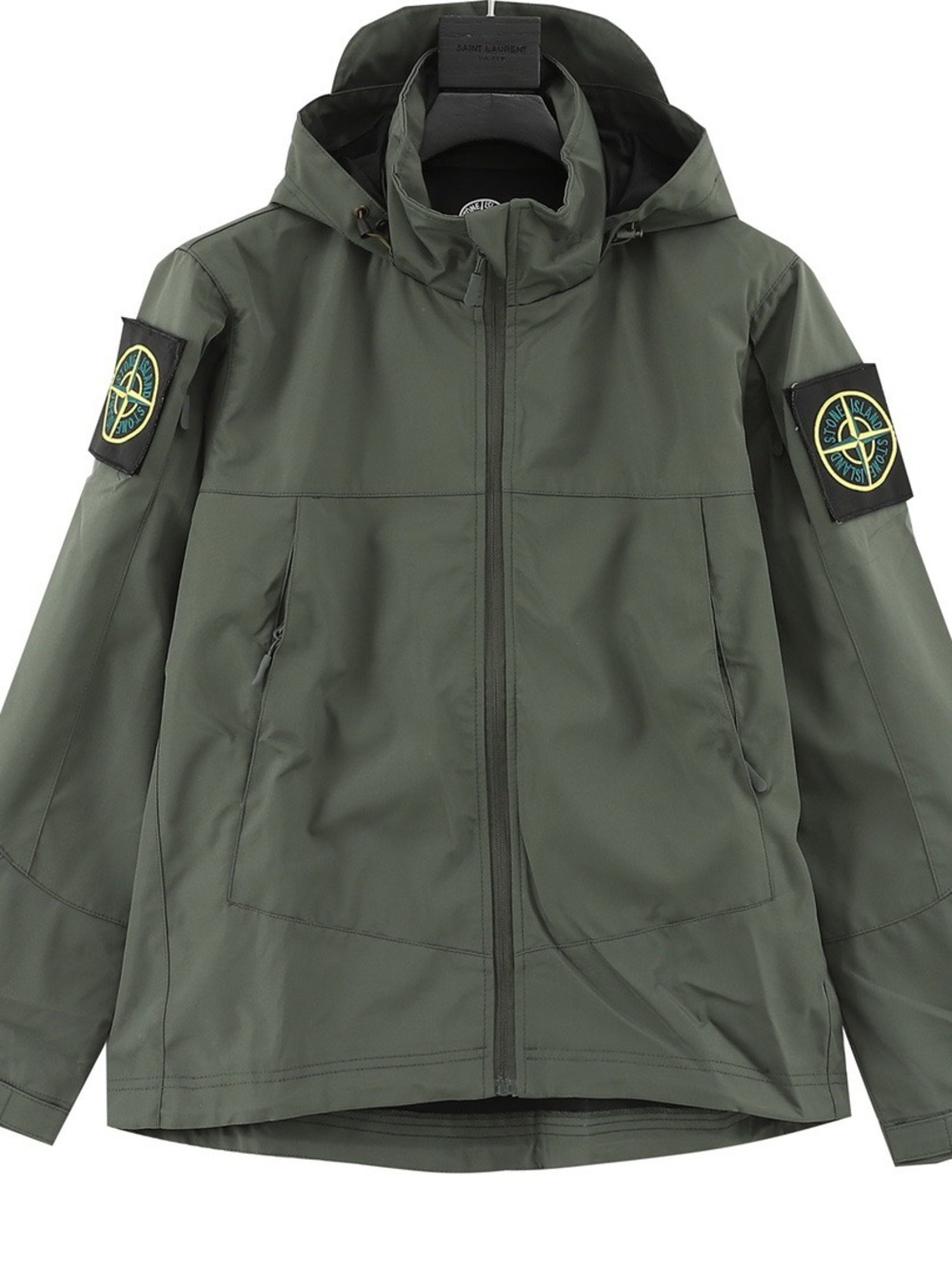 Stone Island Olive Green Hooded Raincoat with Compass Patches